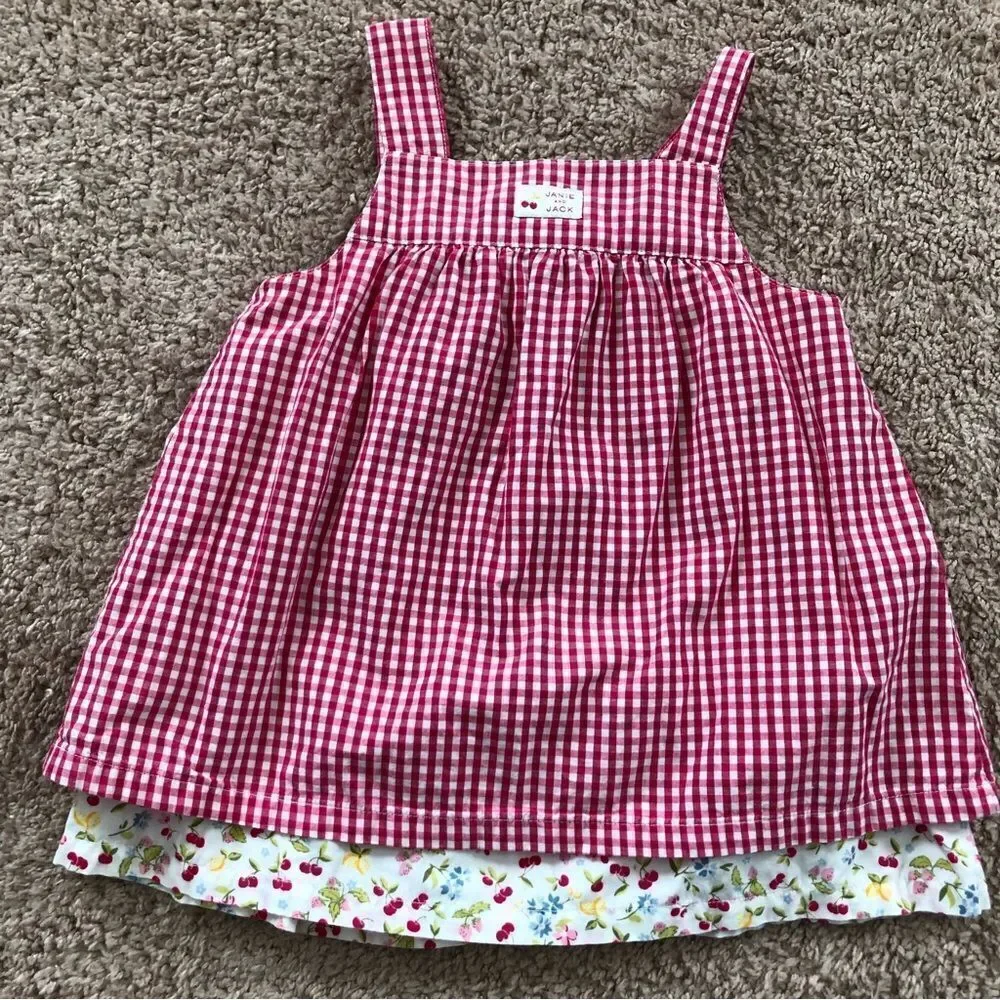 Janie and Jack Gingham Picnic Dress Baby Girl 3-6 Mos Pink Cherry‎ Pockets